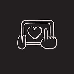 Image showing Hands holding tablet with heart sign sketch icon.