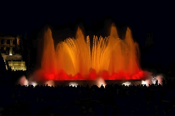 Image showing Night view famous Montjuic Fountain in Barcelona Spain