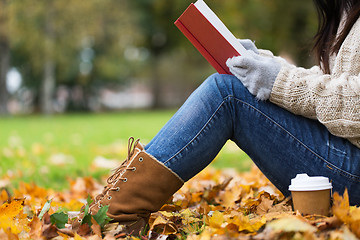 Image showing woman with book drinking coffee in autumn park