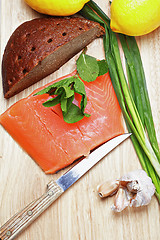 Image showing Salmon fish with bread and vegetables