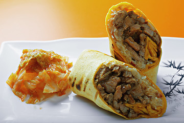 Image showing Rolled beef sandwich closeup