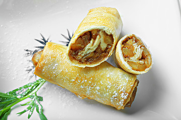 Image showing Apple spring rolls closeup