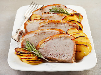 Image showing roasted pork slices on white plate