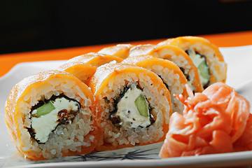 Image showing Creamy salmon sushi closeup