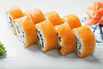 Image showing Creamy salmon roll closeup