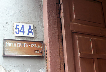 Image showing Sign on the entrance to Mother House, the residence of Mother Teresa in Kolkata, West Bengal, India