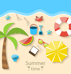 Image showing Summer time with flat set colorful simple icons on the beach