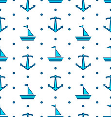 Image showing Seamless Pattern with Sail Boats and Anchors, Nautical Blue Back