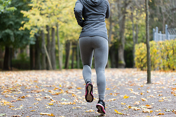 Image showing close up of young woman running in autumn park