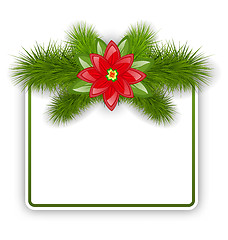 Image showing Christmas postcard with fir twigs and flower poinsettia