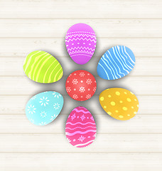 Image showing Easter set painted eggs on wooden texture