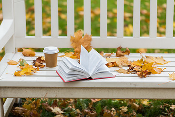 Image showing open book and coffee cup on bench in autumn park