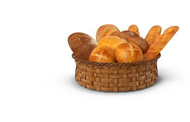 Image showing A basket of white bread and rolls. 3D rendering.