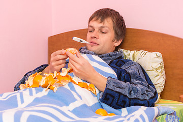 Image showing A sick kid with a thermometer in her mouth lying in bed and eating tangerines