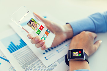 Image showing close up of hands with smart phone and watch