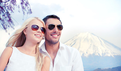 Image showing happy couple over fuji mountain in japan