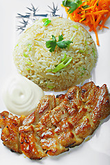 Image showing Grilled pork with rice above view