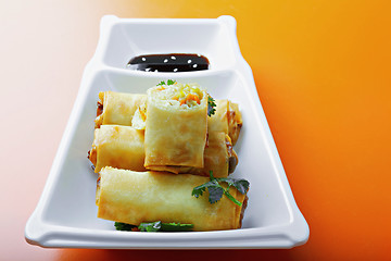 Image showing Vegetable spring rolls in a plate