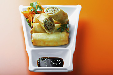 Image showing Meat spring rolls in a plate