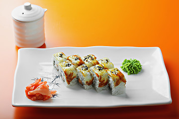 Image showing Canada roll with salmon and eel