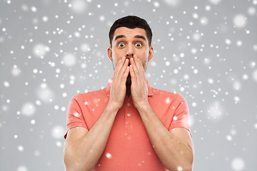 Image showing scared man in white t-shirt over snow