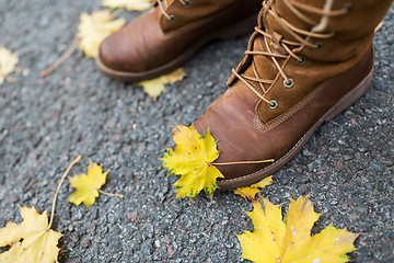 Image showing female feet in boots and autumn leaves