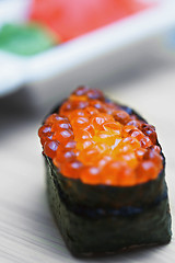 Image showing Ikura sushi with ginger and wasabi