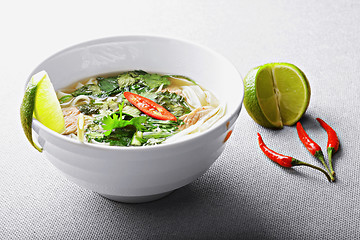 Image showing Pho bo soup with lime and chili