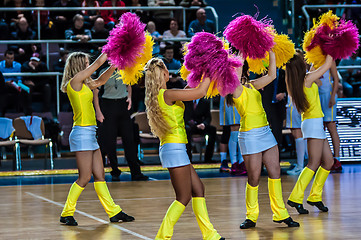 Image showing Girl Cheerleading appear on stage Match of the Euroleague Basketball FIBA womens \