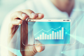 Image showing close up of male hand with chart on smartphone