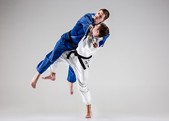 Image showing The two judokas fighters fighting men