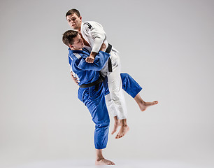 Image showing The two judokas fighters fighting men