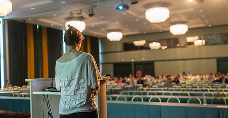 Image showing Public speaker giving talk at scientific conference.