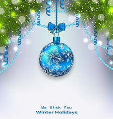 Image showing Christmas Glass Ball, Fir Branches, Streamer