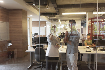 Image showing young couple at modern office interior writing notes on stickers