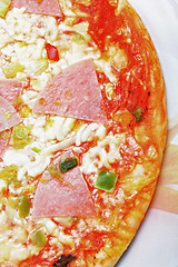 Image showing Ham pizza on plate closeup