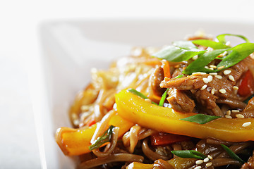 Image showing Chow mein noodles with beef closeup