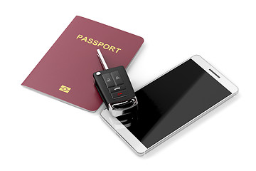 Image showing Smartphone, passport and car key