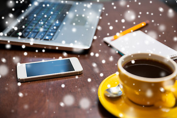 Image showing close up of smartphone, coffee cup and laptop