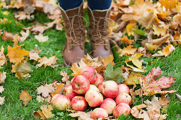 Image showing woman feet in boots with apples and autumn leaves