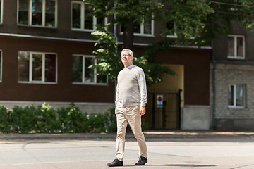 Image showing senior man walking along summer city street