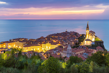 Image showing Romantic colorful sunset over picturesque old town Piran, Slovenia.