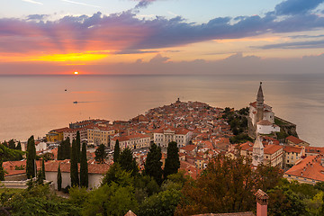 Image showing Romantic colorful sunset over picturesque old town Piran, Slovenia.