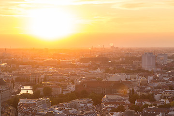 Image showing Panoramic aerial view over Berlin in romantic colorful sunset.