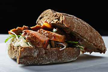 Image showing Beef sandwich with kimchi closeup