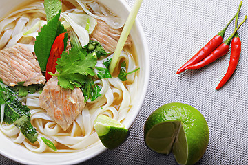 Image showing Pho bo soup above view closeup