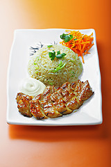 Image showing Grilled pork with rice and vegetables