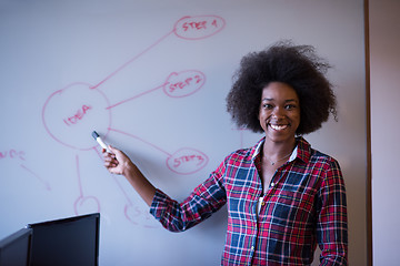 Image showing black  woman writing on a white board  in a modern office