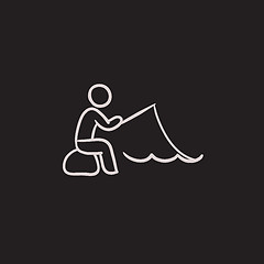 Image showing Fisherman sitting with rod sketch icon.