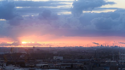 Image showing Industrial zone at sunset